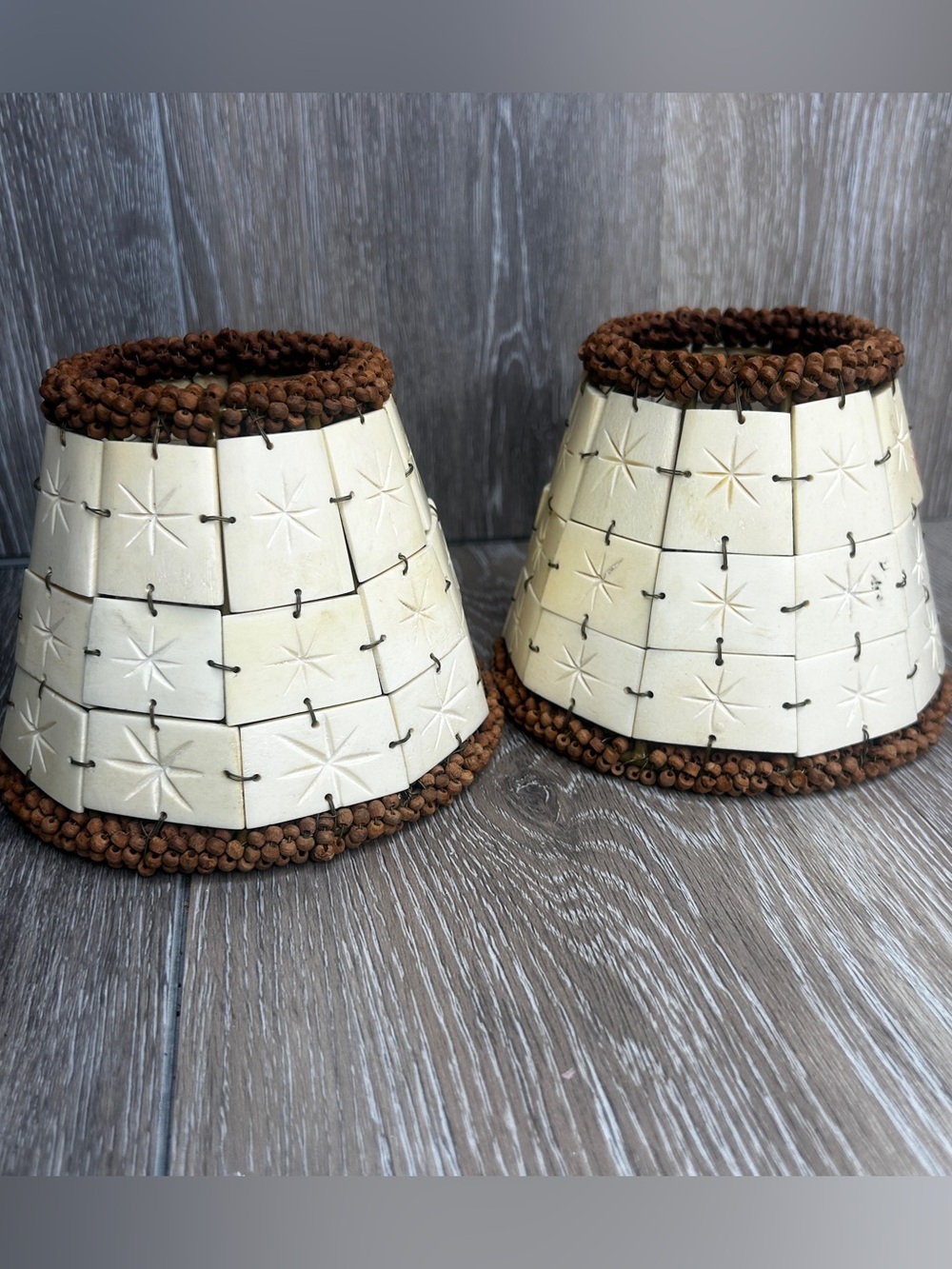 Faux Bone Tile Lamp Shades Set of 2 • Beaded Trim • Boho Coastal Neutral Decor